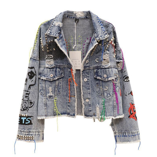 Denim Jacket Women's Personality Short Cut Rivet Jacket Fringed Fringe