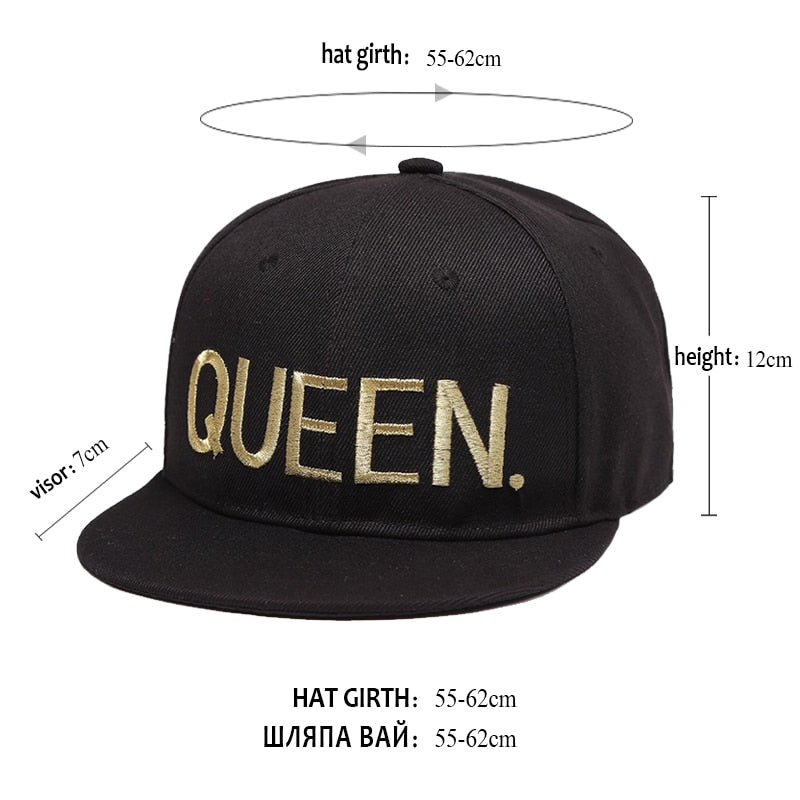 KING QUEEN Gold letters Embroidery Snapback Hats