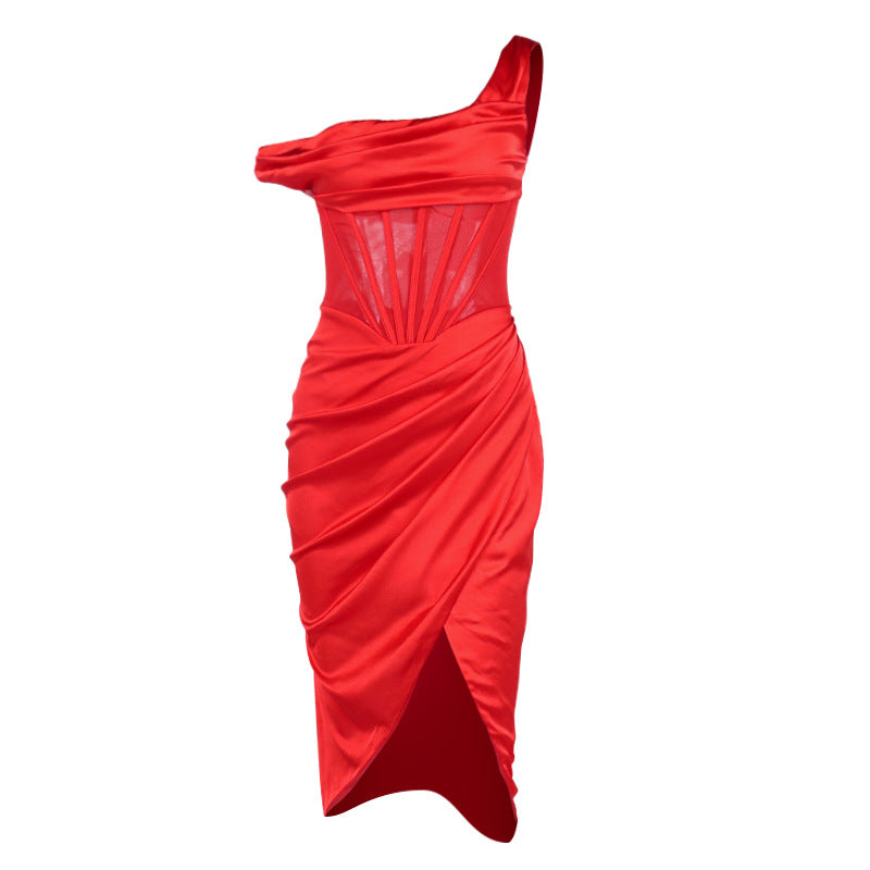 One Shoulder Satin Dress Mesh Hollow out Boned Side Split Bodycon