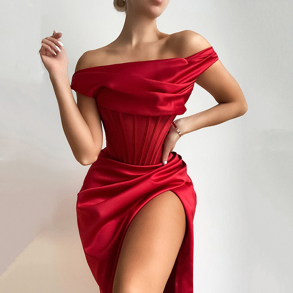 One Shoulder Satin Dress Mesh Hollow out Boned Side Split Bodycon