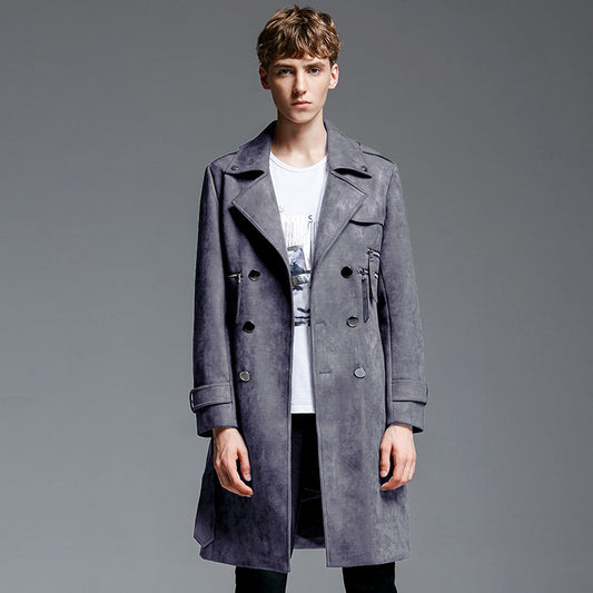 Double Breasted Suede Trench Coat For Men Mid-length Coat Plus Size